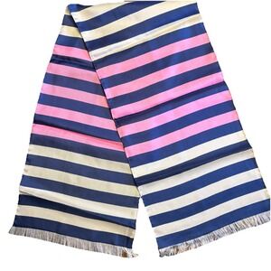 Vintage Bonwit Teller Pink White Blue Stripe Silk Scarf Wrap Made Italy Fringe